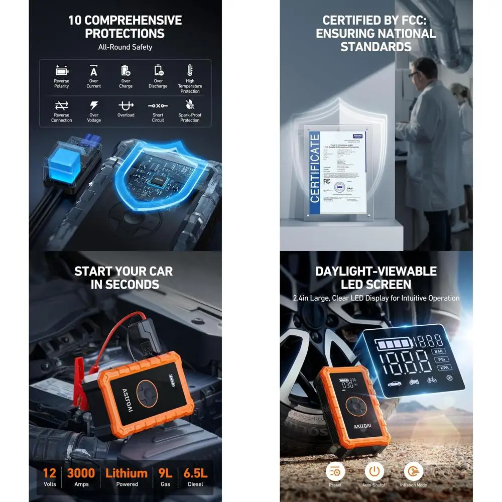 

Воздушный стартер S8 с воздушным компрессором, портативный стартер с пиковым автомобильным аккумулятором 3000 А, дизельный стартер (9,0 газа/6,5 л) с беспроводным аккумулятором 150 фунтов на квадратный дюйм