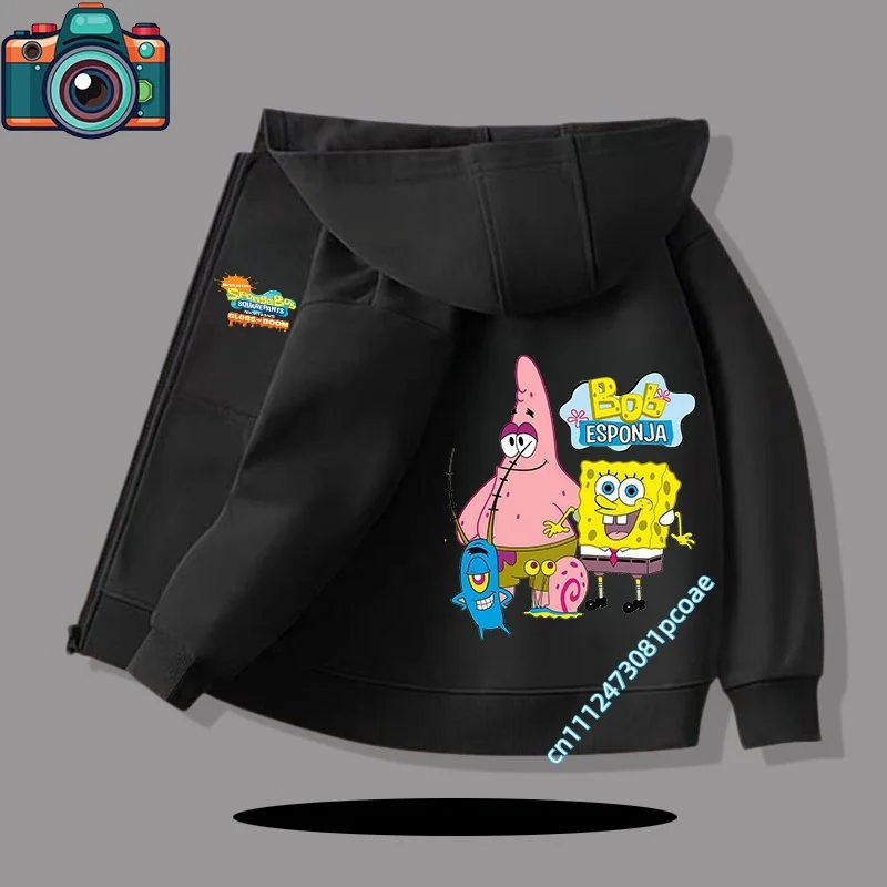 SpongeBob Zipper Style Coat - Children's Hooded Sweatshirt for Ages 1-12 Boys' Sports Shirt Girls' Casual Top with Cartoon Print