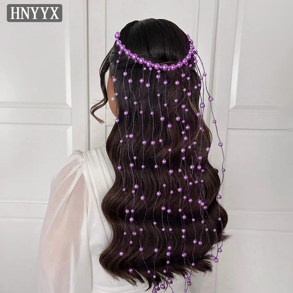 HNYYX Crystal Pearl Beaded Hair Vine Long Purple Head Hoop Headband Accessory Wedding Bride Fashion Tiara Hair Accessories A171