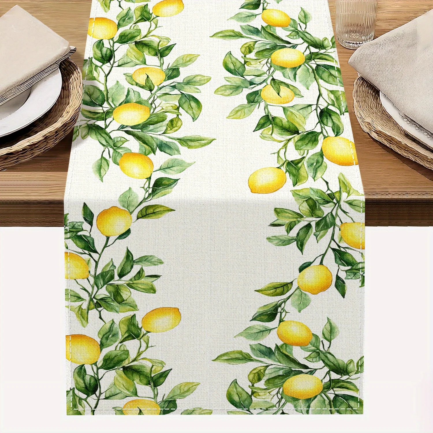 Camino de mesa de lino con estampado de hojas de limón, decoración para fiestas navideñas, caminos de mesa con hojas verdes de limón y acuarela, decoración para mesa de comedor y cocina