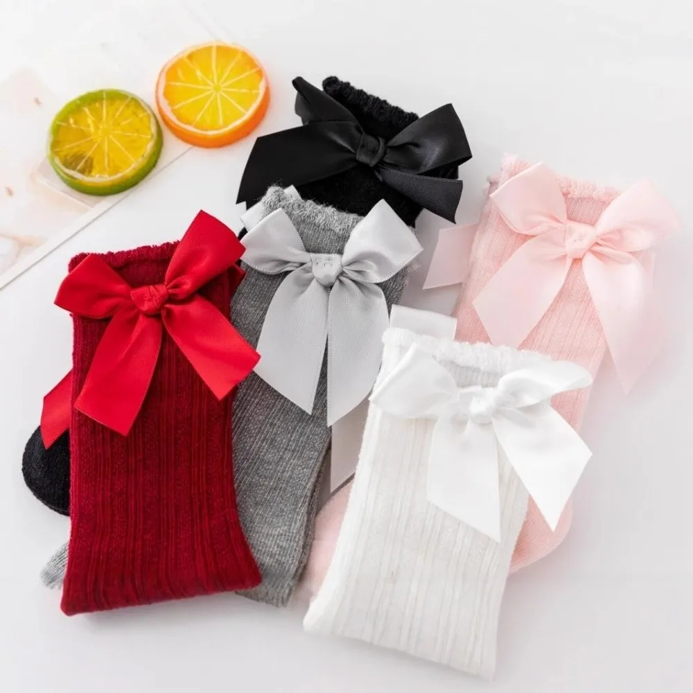 

6 Pairs Cute Long Baby Knee Socks Breathable Comfortable Kids Socks Elastic Anti-slip Big Bow Hosiery 1-3 Years Old