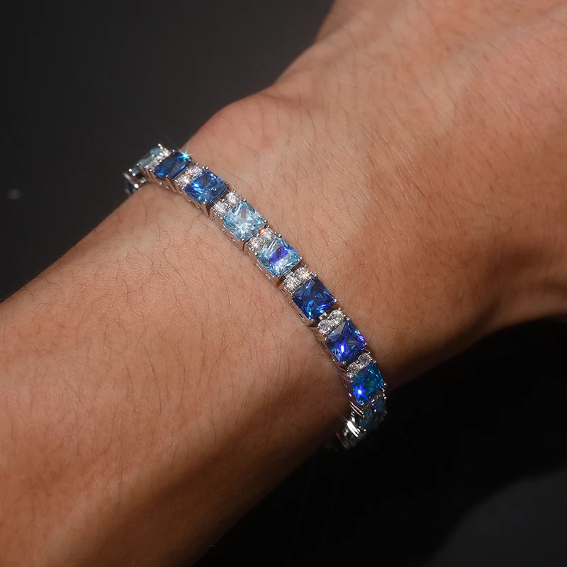 Hip HOP Blue Moissanite Paved Bling Iced Out S925 Sterling Silver 1 Row Tennis Link Chain Bracelets Women Men Rapper Jewelry