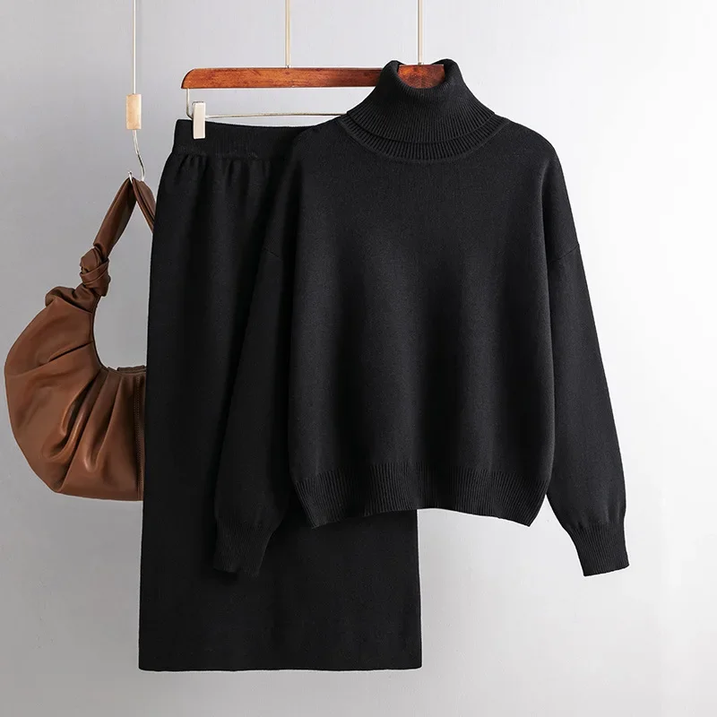 Fashion Elegant 2 Piece Set Women Turtleneck Knitted Skirt Suit New Fashion Casual Loose Sweater Long Skirt Women Warm Winter