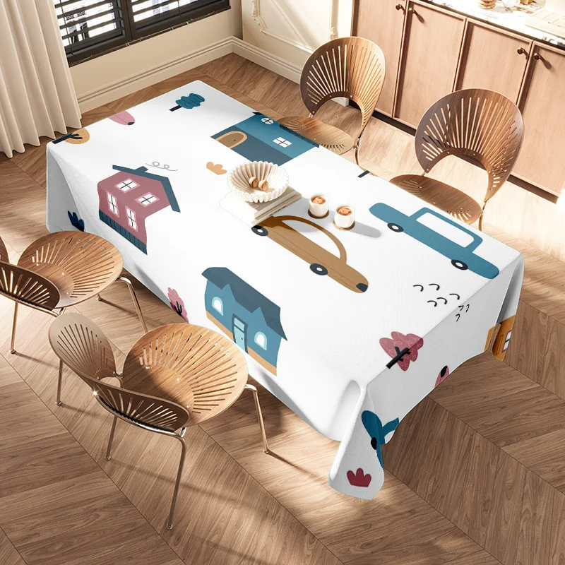 Modern Nordic Style TableclothCreative Car Pattern Printed for Home Dining Decoration White 4 Seaters Rectangular Table Cover (L