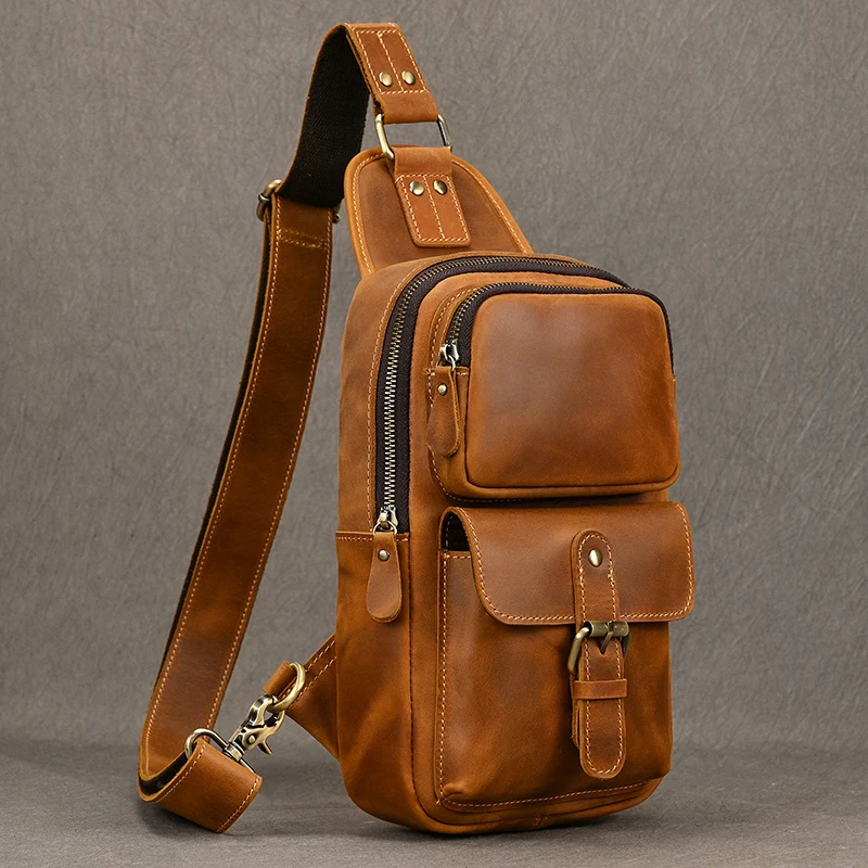 Crazy Horse Leather Men Chest Bag Small Cowhide Travel Bag Vintage Real COW Leather Women Crossbody Bag Brown iPad Messenger Bag