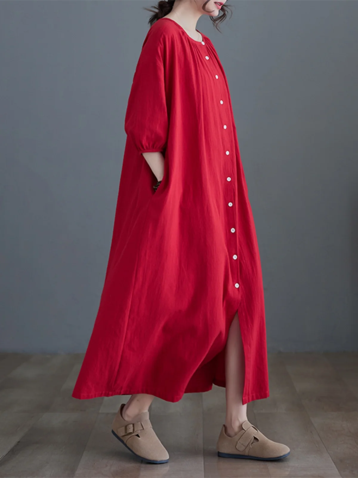 

Plus Size Spring Summer New Sle plus Size Women's Cotton Linen ort Sve irt Dr Artistic Slimming Korean Version Quali Dr