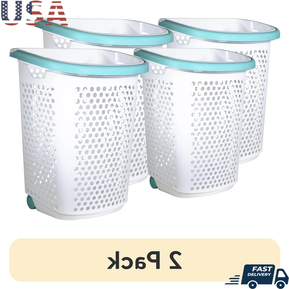 

(2 pack 2 Bushel Rolling Plastic Laundry Hamper with Pop-up Handle White 2 Pack
