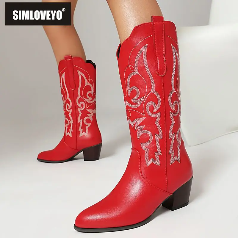 

SIMLOVEYO Design Женские сапоги-ковбойки в стиле вестерн - острый носок 5,5 см, блочный каблук без шнуровки с вышивкой, винтажный повседневный стиль, размеры 44-47