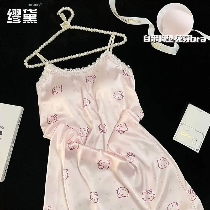 سانريو بيجامة عصرية هالو كيتي تنورة ليلية من الحرير الجليدي مع وسادة صدر بيجامات نسائية صيفية حبال ملابس منزلية مثيرة صيفية #6