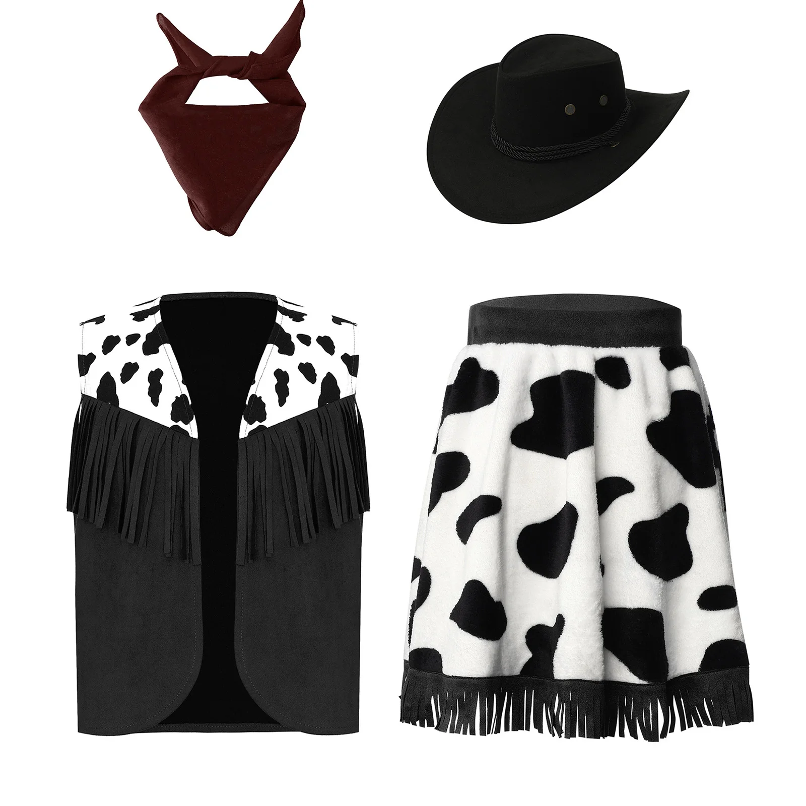 

Stylish Cow Print Cowgirl Cosplay Vest And Tassel Flannel Skirt Hat Paisley Bandana for Halloween Performance Wear