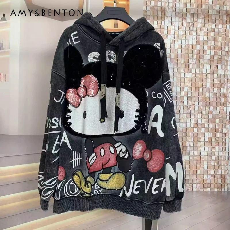 

Trendy Brand Autumn Winter Fleece Heavy Industry Cartoon Loose Top Fashion Thick Hooded Sweatshirt Ladies Kawaii Clothes Hoodies