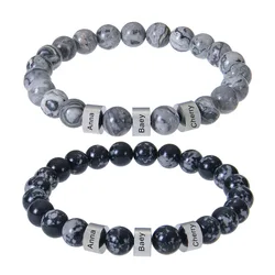 FTCY 10mm Custom Name Beaded Bracelet For Men And Women Engraved Initials Tiger Eye Stone Volcanic Stone Obsidian Hand Chain