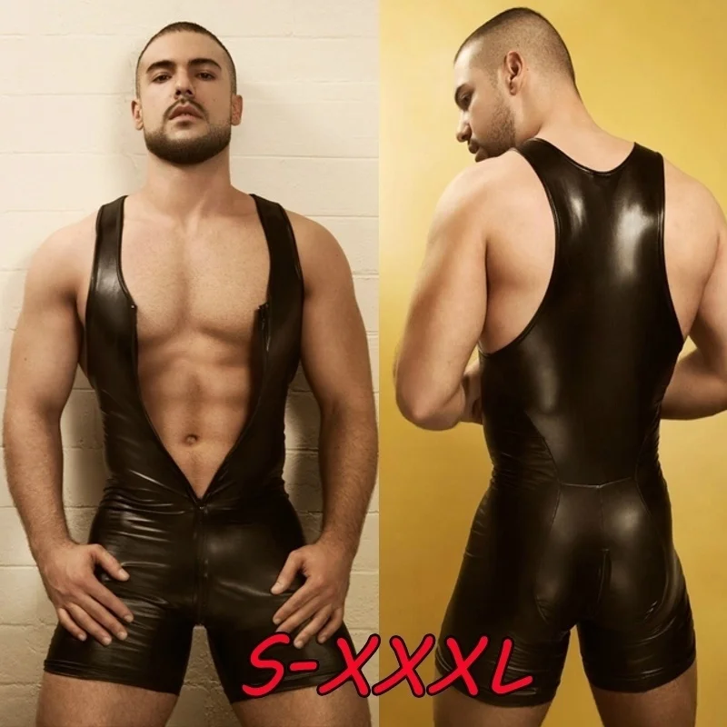 Sexy PU Leather Bodysuit Men\'s Lingerie Erotic Open Crotch Jumpsuit Shorts for Sex Gay Sleeveless Couple Clubwear Night Costumes