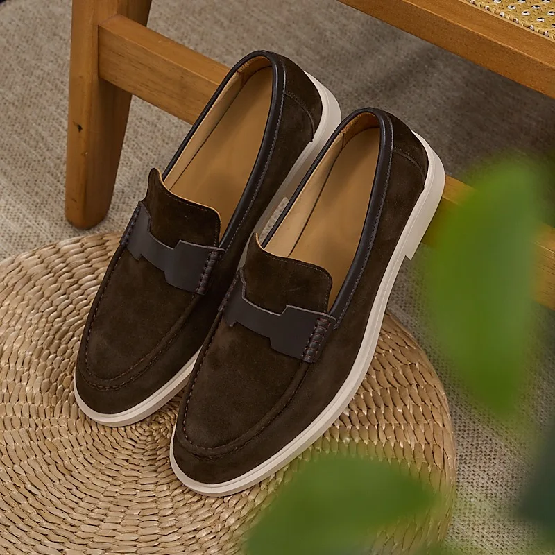 Men's Casual Loafers Soft Bottom Slip On Genuine Leather Shoes British Style Spring Autumn Single Shoes Breathable Round Toe