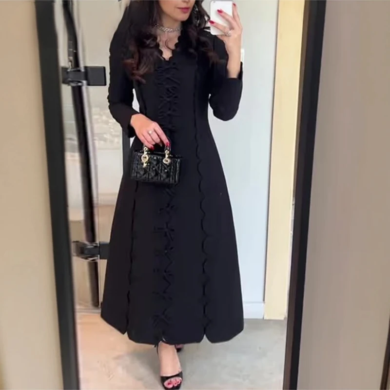 

Solid Spliced Bowknot Long Dresses For Women V Neck Long Sleeve High Waist Temperamnet Dress Female Fashion Style