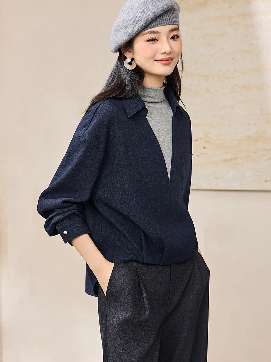 

Mehaimei Women's Long Sleeve Shirt Half High Collar Fake Two-Piece Spring 2026 Simple Commute Short Front Long Back Design