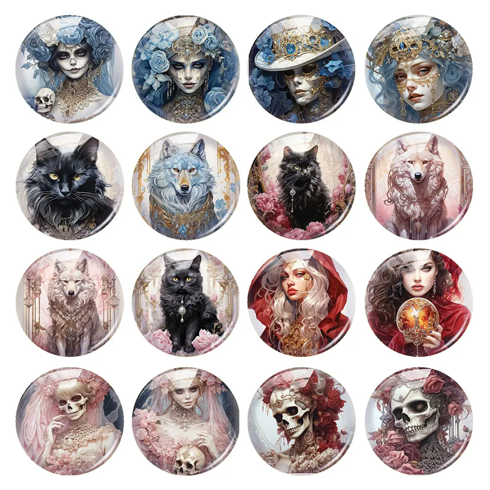 Handmade Halloween Gothic Skull Flower Girl Witch Cat Photo Glass Cabochon Charms Flatback Demo Cameo For Diy Jewelry Making