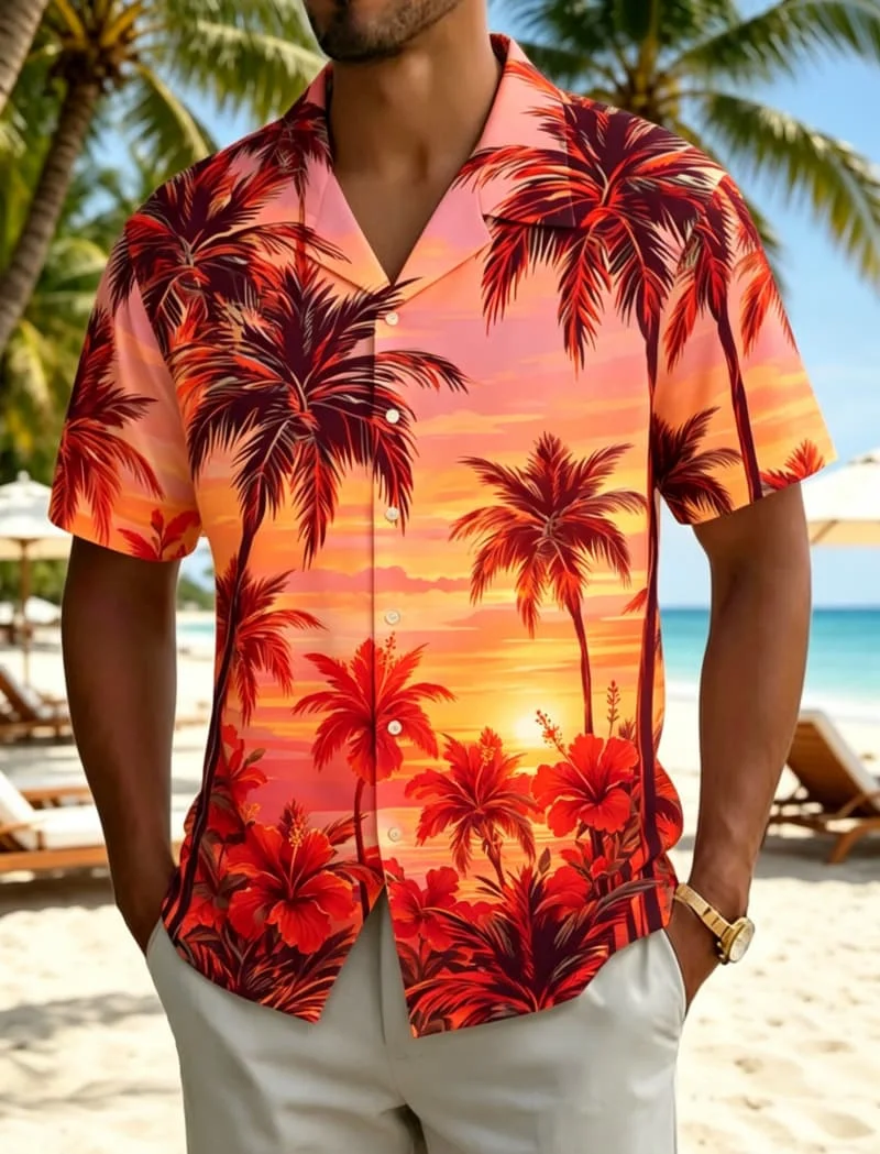 Men's tropical landscape/plant/starry sky printed Hawaiian shirt, vibrant tropical style , for summer vacation and daily wear