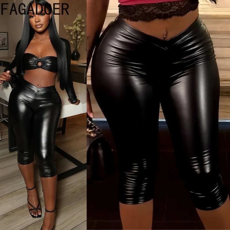 

FAGADOER Fashion Leather Bodycon Pants Women Black Tretchy Skinny Straight Leg Capri Trousers Female Midnight Party Club Bottoms