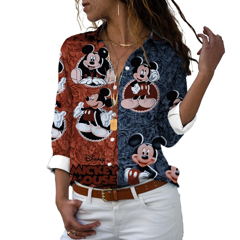 New 2022 Disney Branded Slim Fit 3D Printed Women's Button Down Long Sleeve Lapel Mickey Minnie Casual Cute Shirt y2k