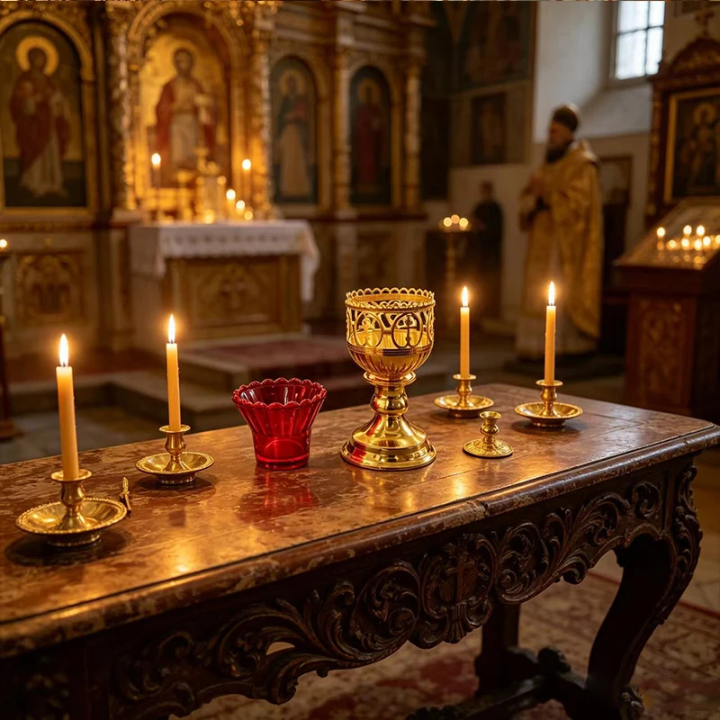 

Gold Plated Orthodox Tabletop Candle Holder Set with Cross Design Red Glass Insert for Home Altar Christian Religious Gift Decor
