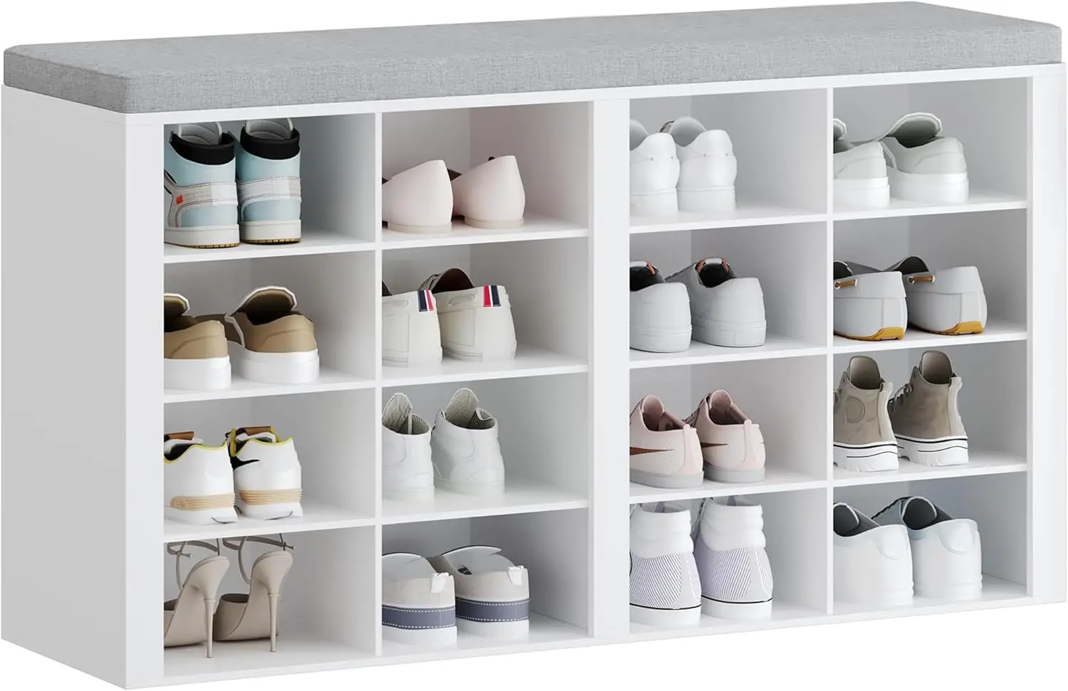 

Shoe Bench with Cushion, 16-Cubby Entryway Storage, Adjustable Shelves, White
