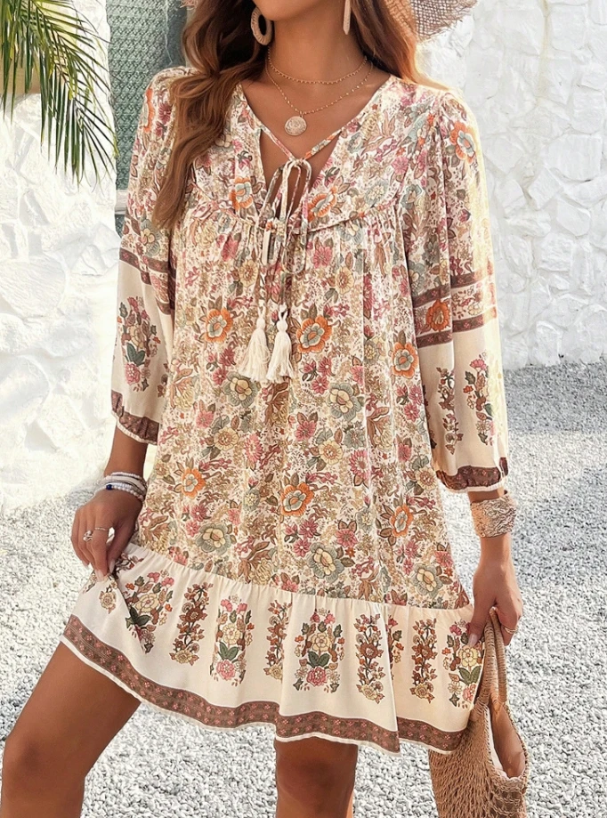 Casual Elegant Women's Dress Bohemian Style Casual V-Neck Lace Up Printed Short Skirt Summer New Women's Loose Long Sleeve Dress