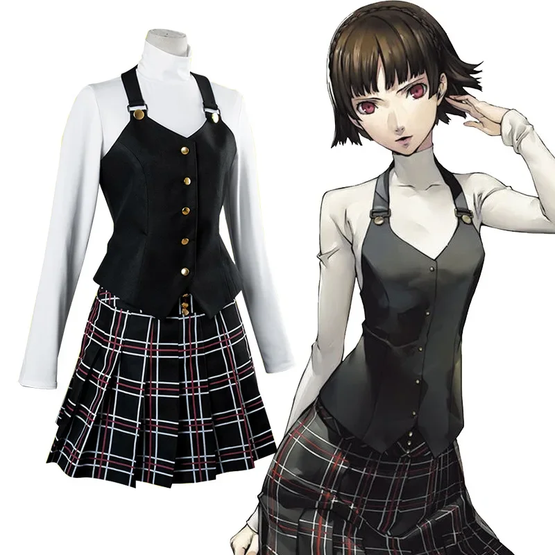 Anime Persona Makoto Niijima Cosplay Costume Long Sleeve Knitted Top Printed Skirt Stockings Vest Wig   Japanese Schooluniform