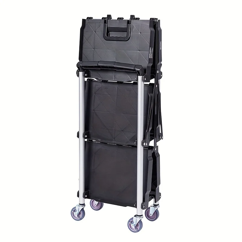 No Assembly Foldable Service Carts with Wheels 3 Tier Portable Utility Rolling Tool Garage Cart Collapsible Storage Cart