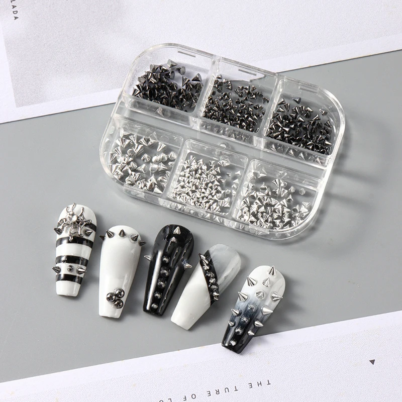 6 Grids Y2K Punk Metal Mixed Sized Black Silver Rivet Nail Charms Cone Nail Art Studs 3D Stylish Alloy Spike For DIY Nails Decor