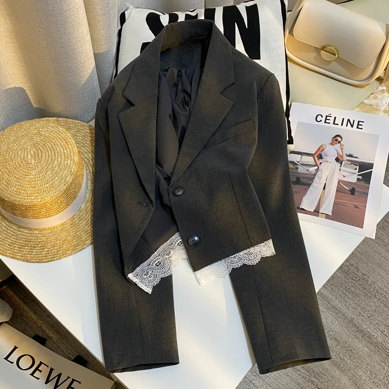 Dark Grey Lace Stitching High Quality Leisure Suit Short Coat Women Chic Spring New Sweet Long Sleeve French Lady Suit Female