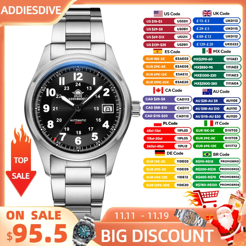 

ADDIESDIVE New NH35 Men's Watch Sapphire 39mm Automatic Watch 200m Waterproof Stainless Steel Luminous Diver Wristwatch
