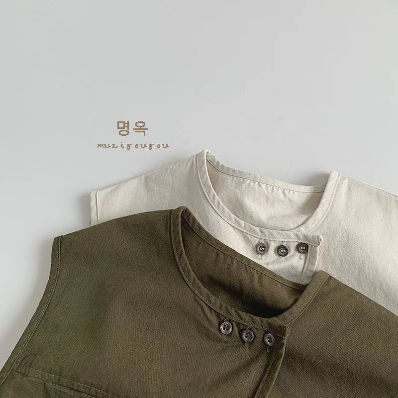 2024 Summer New Children Sleeveless Cardigan Coat Baby Boy Girl Vintage Casual Vest Toddler Solid Versatile Jacket Kids Clothes