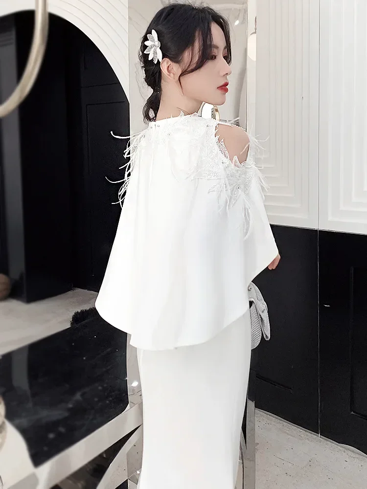 Fashion White Cheongsam Shawl Sleeves Feather Slim Evening Dress Retro Bridal Wedding Dresses Gown Vestidos De Festa