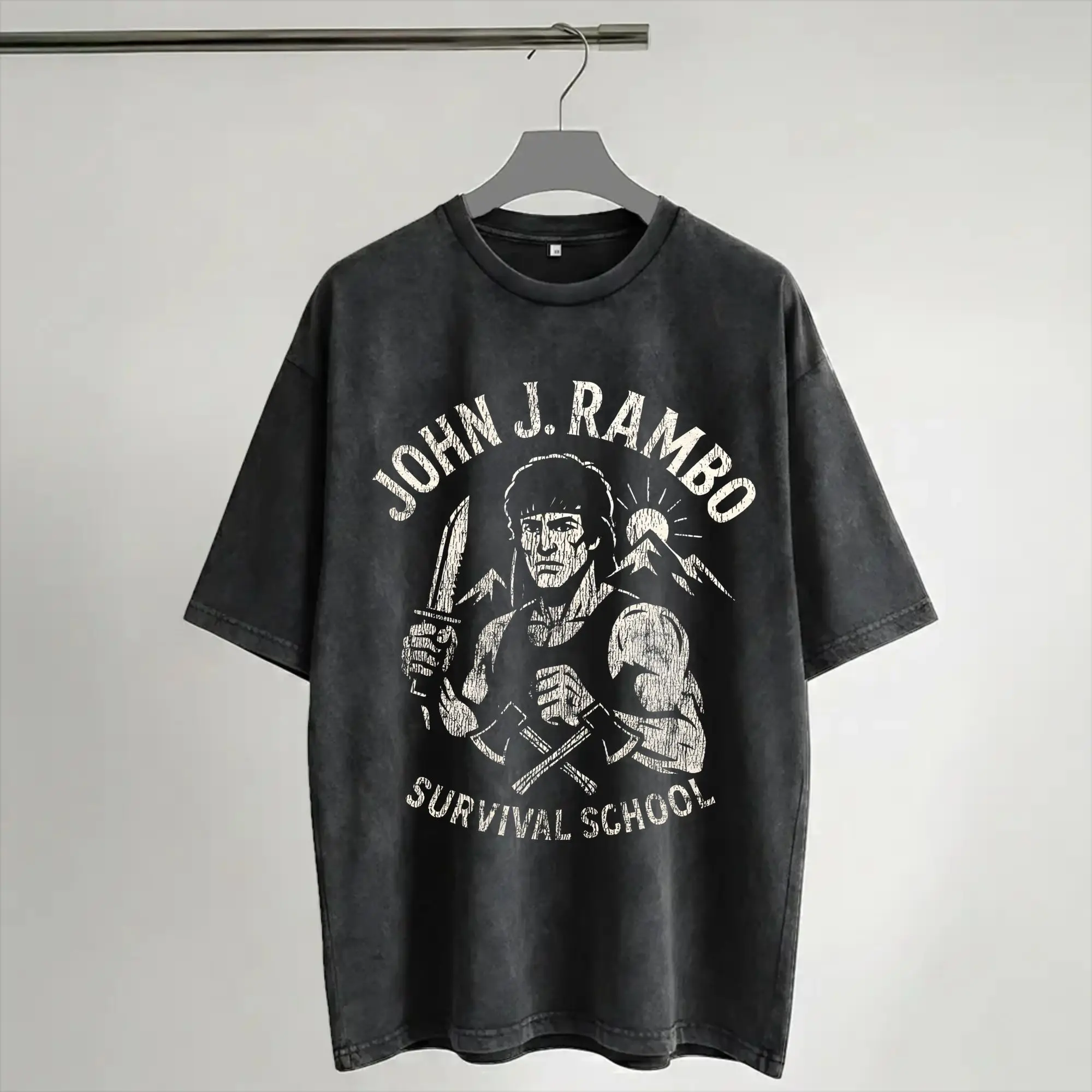 Harajuku Washed Shirt John Rambos Outfit Vintage T Shirt High Street  Streetwear Short Sleeve Graphic Tops Tees