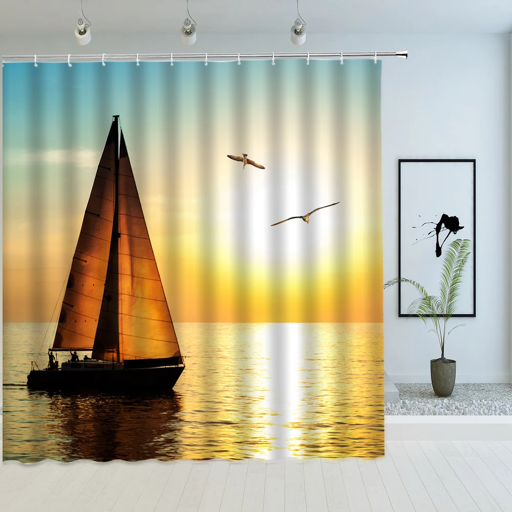 

Sunlight Ocean Beach Scape Shower Curtain Sunset Dusk Seascape Bathroom Waterproof Polyester Fabric Bath Screen Decor with Hooks