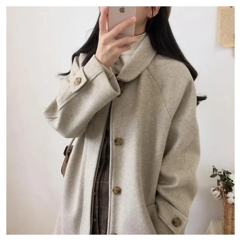 Women's Medium-Length Student Woolen Jacket 2023 Autumn/Winter New Style Korean Version Loose-Fit Slimming Thickened Overcoat