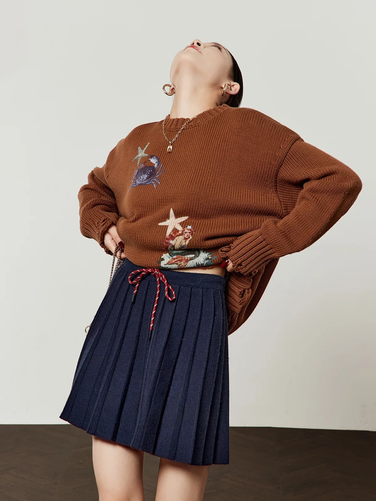 

Женский повседневный свитер Cé Au Lait с принтом, свободный крой, вязаный топ, весна 2026, новинка, винтажный стиль, длинный рукав, круглый вырез