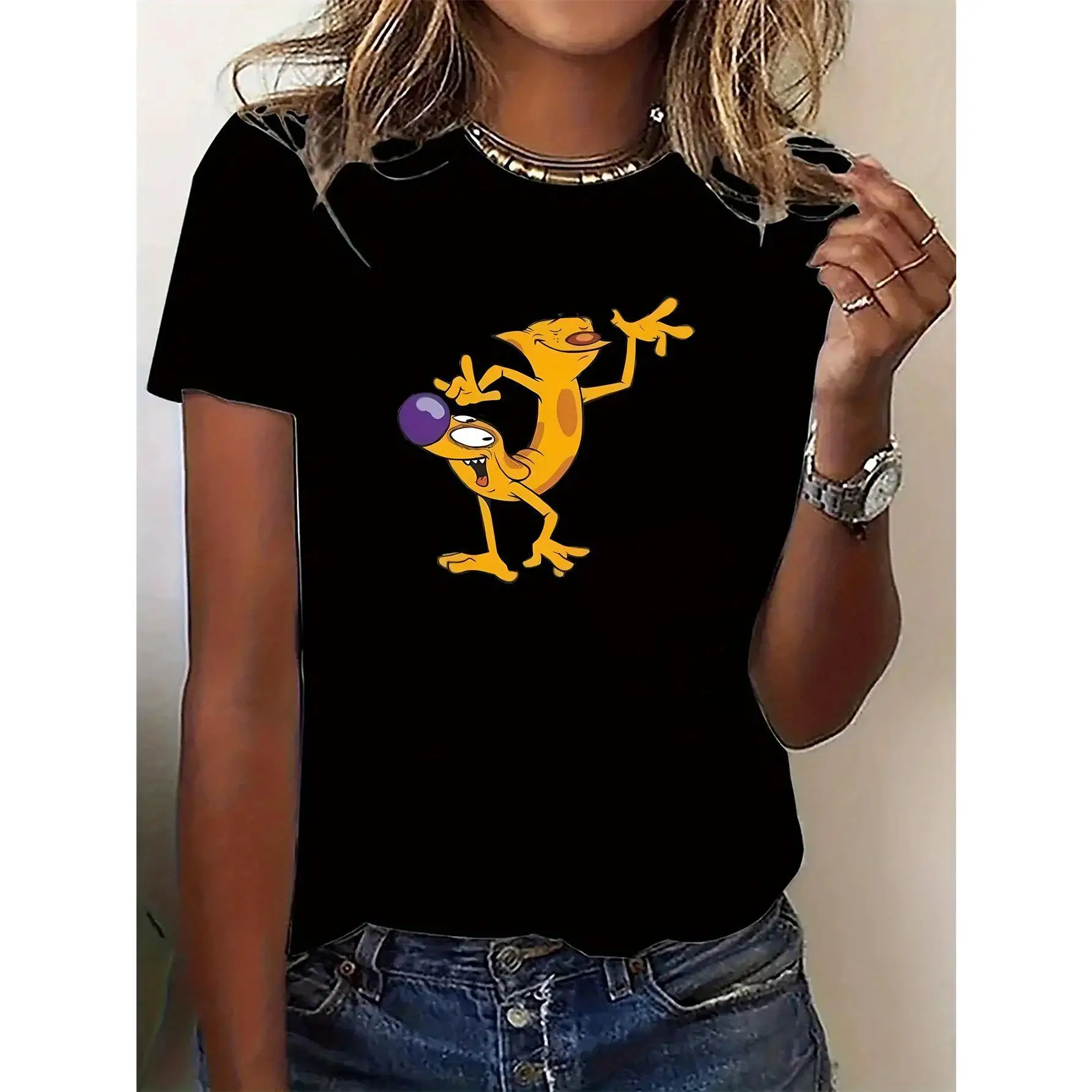 

Women's Casual Short-sleeved T-shirt - Funny Cartoon Cat Pattern Print, Machine Washable, Comfortable To Wear In All Seasons