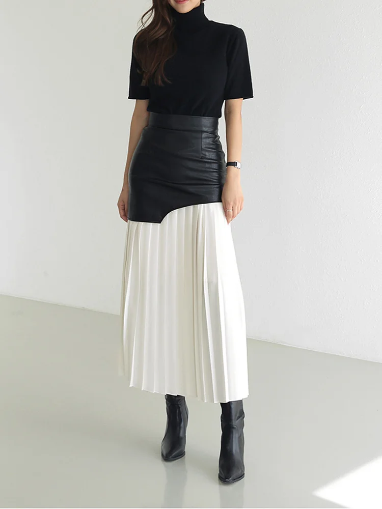 LANMREM Patchwork Pu Leather Skirt For Women High Waist Midi Folds Color Block Skirts Female 2024 Autumn Fashion Clothing 2R6875