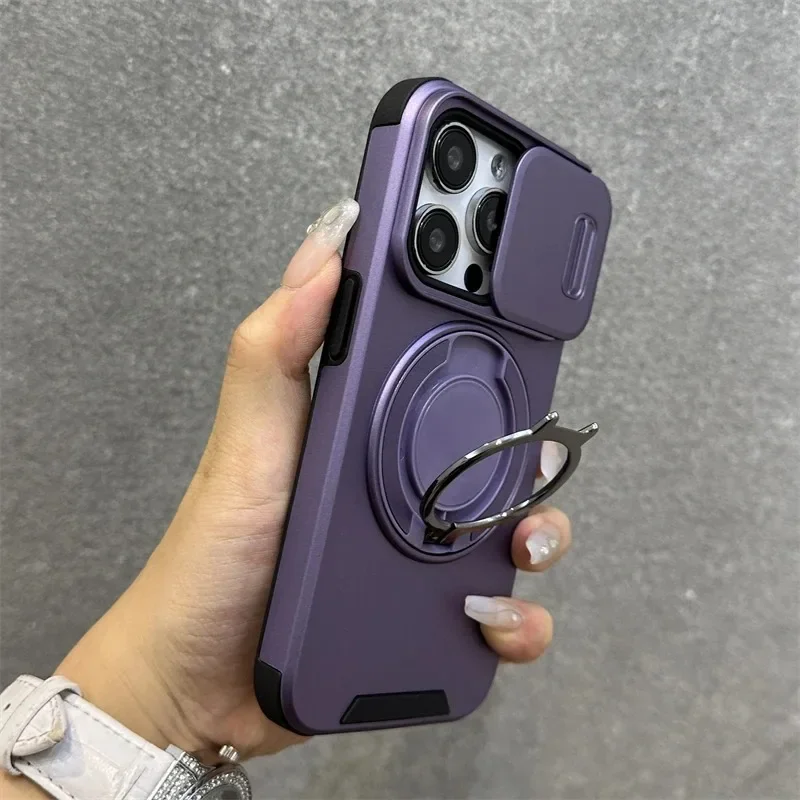 Luxury Heavy-Duty Rugged Armor Magnetic Bracket Case For iPhone 16 15 14 13 12 11 Pro Max Plus Slide Camera Protection PC Cover