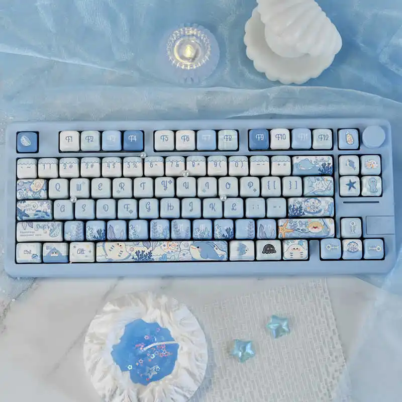 130-key Blue Ocean World Theme Keycap PBT Material Mx Switch Mechanical Keyboard Keycapm Girl Gift Compatible 61 68 75 87 98 108