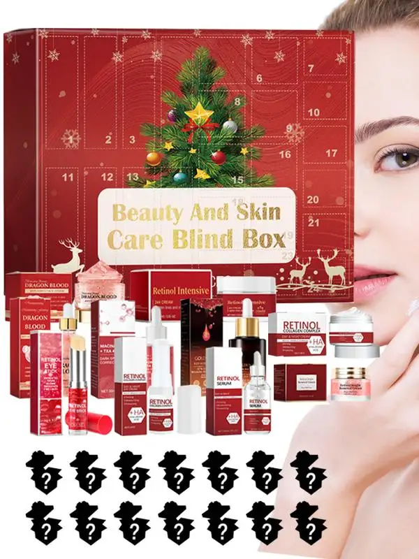 Calendario de Adviento para niñas, juego de maquillaje de 24 piezas, productos de cuidado de la piel, calendario de cuenta regresiva de Navidad, crema facial de retinol, suero, bálsamo labial