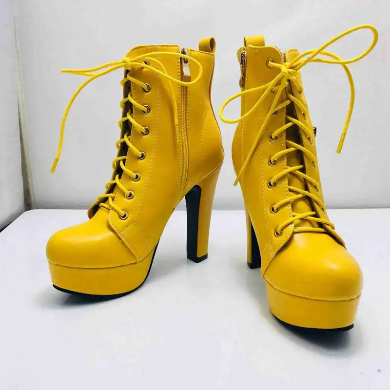 REAVE CAT Ladies Boots Ankle 10.5cm Round Toe Platform 2.5cm High Block Heel 12cm Lace-up Decoration Big Size 34-50