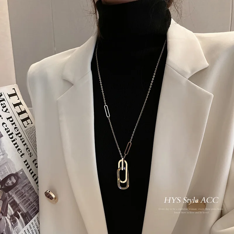 Fashion Cubic Zirconia Geometric Loop Pendant Long Charms Necklace Temperament Sweater Chains Exquisite Golden Jewelry Accessory