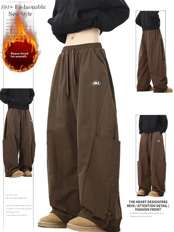 American Style Thickened Fleece Lined Multi-pocket Work Pants Women's Winter Casual Loose Straight Leg Sports Leisure Long Tr...
