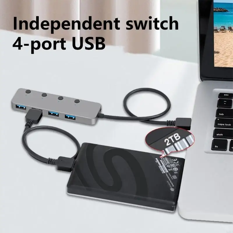 Portable USB 4 Port Hub with Individual Switches for Easy Peripherals Connection Fast Data Transfer Plugs and Play