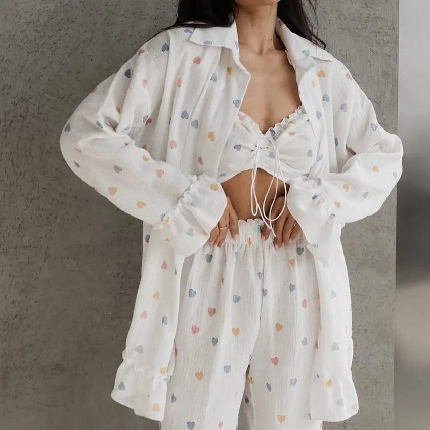 

Summer Colorful Heart Print Pure Cotton Pajamas Design Sense Fashion Underwear Long Sleeve Trousers Ladies Home Clothes