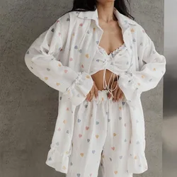 Summer Colorful Heart Print Pure Cotton Pajamas Design Sense Fashion Underwear Long Sleeve Trousers Ladies Home Clothes