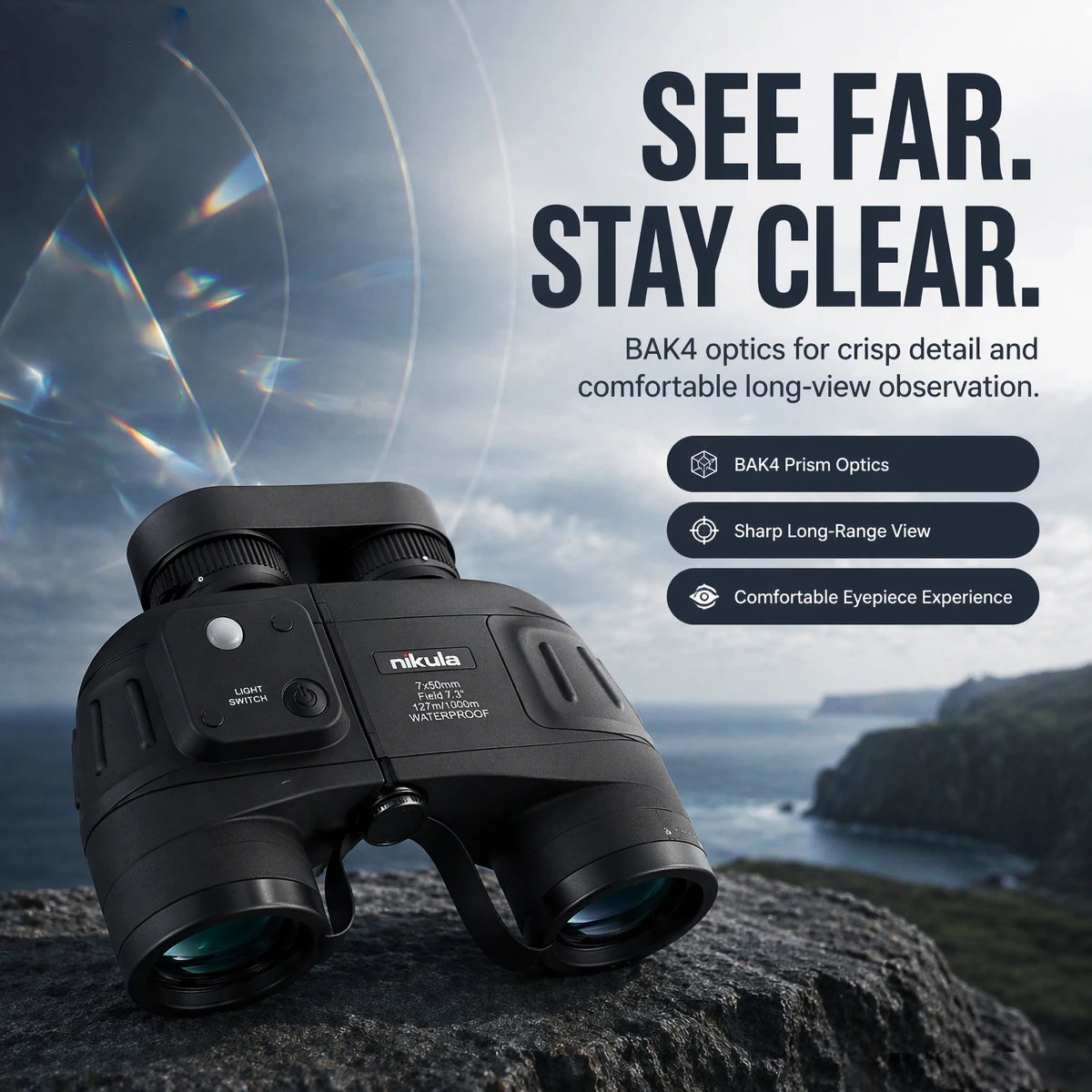 Telescope Nikula 7x50 Waterproof Powerful Binoculars Long Range With Built-in Compass For Navigation Hiking Camping Bak4 FMC